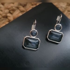 Vintage Monet Stacked Geometric Drop Earrings, Deep Blue Swirl & Silver Tone